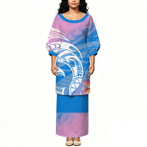 Tenue Puletasi deux pièces pour <span class=keywords><strong>femme</strong></span>, col bateau, manches courtes, imprimé tribal polynésien rouge et noir personnalisé et motif floral blanc, grande taille - Product Image 2