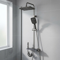 Ensemble de douche mural carré thermostatique contemporain en laiton chromé, avec mitigeur monocommande pour jets pluie et cascade, et fonction d'eau douce