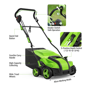 Vertak Détacheur et <span class=keywords><strong>Scarificateur</strong></span> Électrique 2-en-1 de 15,7 Pouces avec Sac de Collecte de 55L, Détacheur de Pelouse Filaire pour l'Entretien des Jardins et des Pelouses - Product Image 3