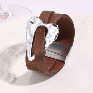 Hot Selling Big Heart Charm Leather <b>Silver</b> Plated Exaggerated Wide Brushed <b>Bracelet</b> for Women Gift Jewelry <b>Bracelet</b> Wholesale - Product Image 3