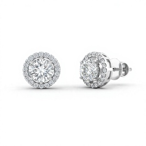 Boucles d'oreilles clous solitaires en diamant avec halo rond, monture cercle amovible, plaqué or 18K 14K, pavé de diamants - Product Image 2