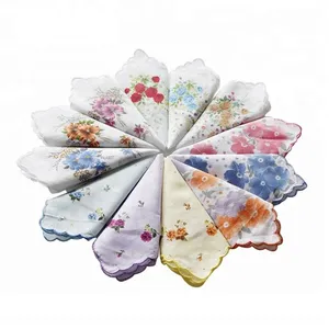 Custom Printed Floral Design Foulard En Soie Organic Cotton Handkerchief With Scallop Edge Ladies Handkerchief