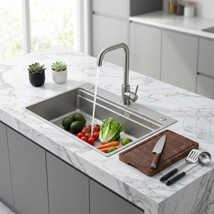 Fregadero de Cocina de Una Sola Cubeta Tipo Estación de Trabajo 860x445mm de Acero Inoxidable 304 con Nano Plata y Diseño de Grano de Arroz de Doble Nivel, Incluye Grifo - Product Image 3