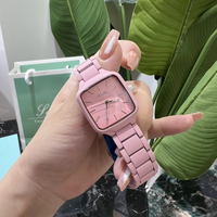 Montre Scottie 9718 élégante en bambou, montre de luxe colorée en quartz, acier inoxydable, cadran carré rose, étanche, montre tendance pour femme