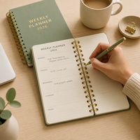Agenda hebdomadaire 2026, carnet spirale vert olive, couverture en PU, reliure métallique dorée, lot d'autocollants, logo personnalisé, vente en gros