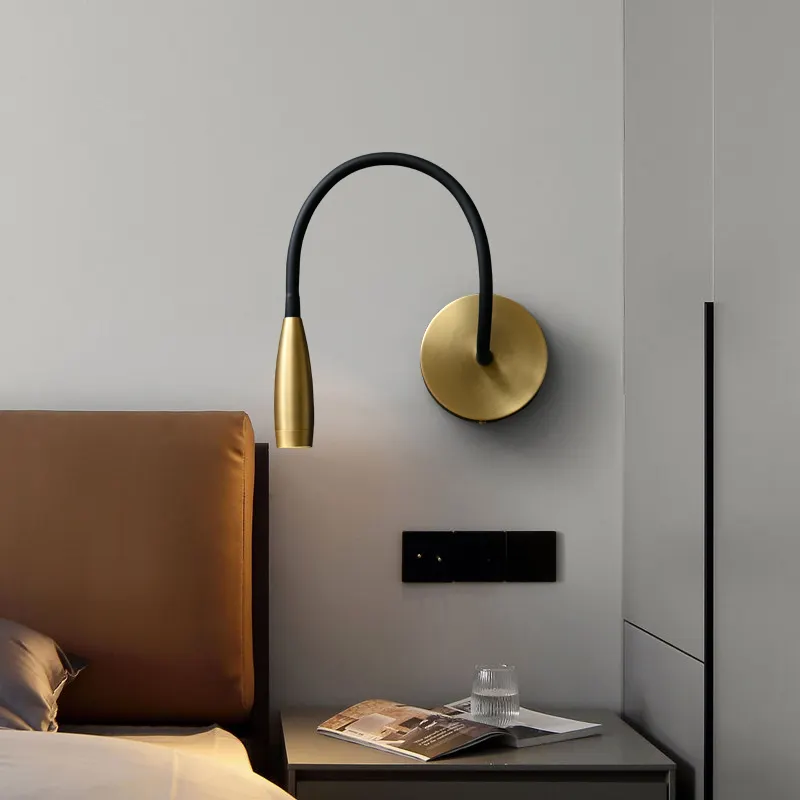 간단한 디자인 침대 옆 거실 골드 황동 독서 벽 램프 침실 미니멀리즘 조절 성격 벽 조명
