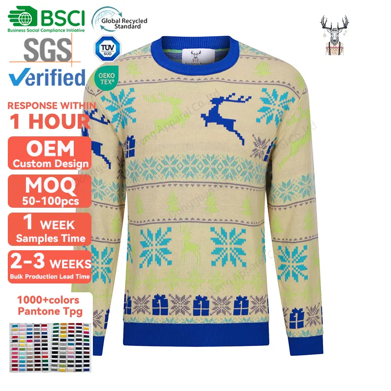 Nanteng Custom Factory Cartoon Muster Rundhals ausschnitt Gestrickt Langarm Erwachsene Männer Pullover Weihnachts pullover