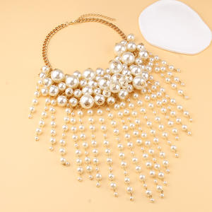 Collier ras du cou à pampilles en fausses perles blanches, bijou de fête multicouche, pièce maîtresse tendance - Product Image 3