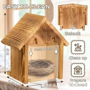 Casa de pájaros de madera para exteriores con ventana transparente, jaula colgante de madera maciza, nido para pájaros, rectangular, tamaño M - Product Image 5