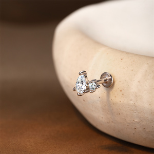 100% 925 Sterling <b>Silver</b> Moissanite Flat Back Piercing <b>Stud</b> Heart Marquise Geometric Triangle Single Row Cartilage Earring - Product Image 3