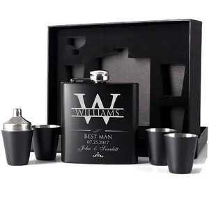 Best Man Botol Hitam untuk Pernikahan Hitam Hip Flask Set Tenunan Hadiah Pesta Pengantin Minuman Keras Dipersonalisasi Wiski Hitam Hip Flask Set