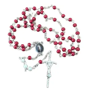 Barato rojo perlas de imitación de cristal religiosa católica Rosario Cruz colgante neckalce, 4mm cuentas del rosario