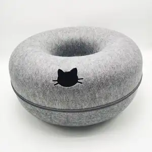 时尚批发制造商拉链可玩宜居猫窝圆甜甜圈羊毛毡宠物床宠物猫隧道洞穴床