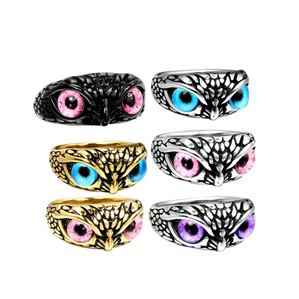 Cina all'ingrosso Moda nero titanio acciaio inossidabile anelli Anillos De Moda personalizzato Hallowmas Owl Pink Eye Rings