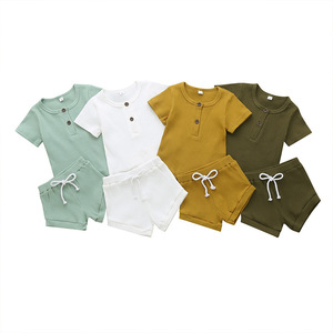 Ensemble d'été pour bébés filles et garçons : haut côtelé en coton, short et bandeau – Vêtements pour enfants à manches courtes et pantalons – Tenues pour bébés - Product Image 1