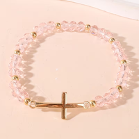 Bracelet Croix Dorée en Alliage avec Perles de Verre Rose Clair Facettées Ovales, Bijou Minimaliste Délicat Doré pour l'Été, pour Femmes et Filles
