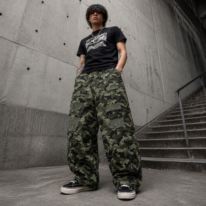 Men's Camouflage Harem Pants <b>Elastic</b> <b>Waist</b> Multiple Pockets Distressed Street Style Casual <b>Trousers</b> Autumn Wear - Product Image 1