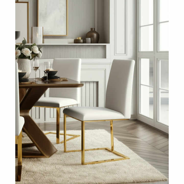 HMS White and Gold Upholstered Faux Leather Dining Side Chair Accent Home Furniture for Living Rooms Restaurants Home Office