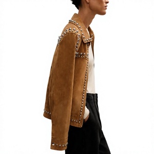 Warm Tan Brown Suede Leather Jacket <b>for</b> Women, <b>Studded</b> Fitted Suede Jacket, Brown Jacket, Embellished Leather Jacket - Product Image 3