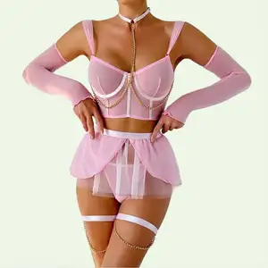 Lingerie 4 pièces Lingerie sexy 2024 Vêtements sexuels tricotés New Hot Women Gauze Skirt Lace Thin Sexy Clothing Set Supplies