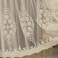 Élégants Rideaux Double Voilage Brodés de Fleurs 3D Style Européen avec Cantonnière pour Salon et Chambre Beige 51x96 Pouces
