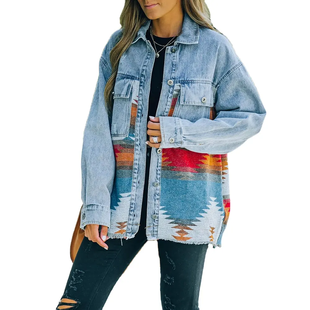 2022 Women' s AZTEC Lapel Pocket Denim Stitching jean Retro Jacket Shacket