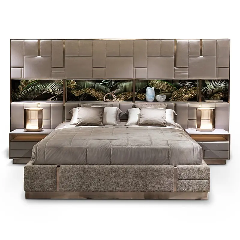 Luxury Italian Bedroom Set King Size Double Leather Bed Designer Furniture Set Luxury Bed Bed frame with High Headboard