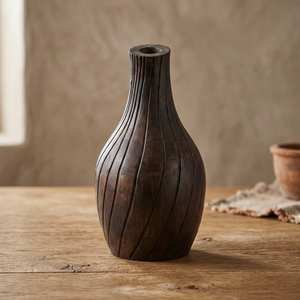 Handcrafted Wooden Mid Century Modern Eco-friendly Flower <b>Vase</b> FV-001 Dark Brown <b>Small</b> Round Tabletop Indoor Plant Pot - Product Image 3