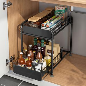 Tiroirs de rangement coulissants en métal à 2 niveaux Organisateur d'<span class=keywords><strong>évier</strong></span> à double glissière avec étagères de rangement <span class=keywords><strong>sous</strong></span> l'<span class=keywords><strong>évier</strong></span> - Product Image 1
