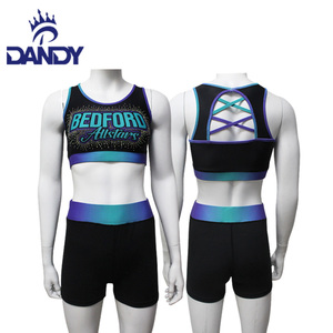 Vente en gros d'équipement de sport OEM pom-pom girl sublimé noir pour adultes ensembles complets jupes débardeurs et spandex à porter pour s'entraîner - Product Image 6