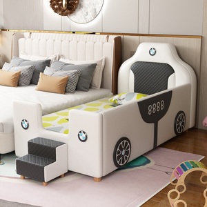 <span class=keywords><strong>Lit</strong></span> de bébé en cuir à thème automobile moderne JS, <span class=keywords><strong>lit</strong></span> souple avec cadre en bois massif pour enfants, avec barrière haute et échelle - Product Image 2