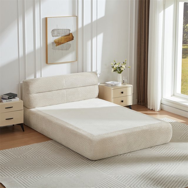 Loveliving Upholstered Queen Size Compressible Chenille Sofa Bed Compressed Fabric Bed Full Size Beige for Bedroom Apartment