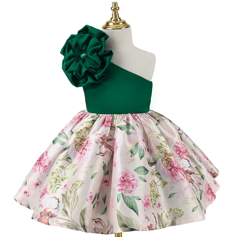 Toptan tek omuz yeşil çiçek baskı prenses çocuklar parti elbise bebek kız dans doğum günü elbiseleri