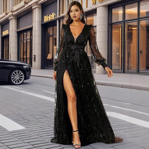 Vestido de noche largo para mujer con lentejuelas, cuello en V, cintura imperio, manga transparente y abertura, ideal para eventos y banquetes. - Product Image 5