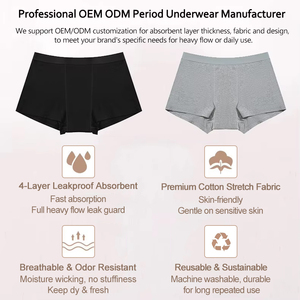 Culottes menstruelles réutilisables OEM 4 couches anti-fuites pour flux abondant, style boxer, en coton (95%), noir et gris, vente en gros - Product Image 4