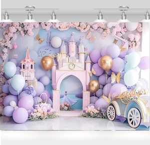 ฉากหลังปราสาทสีม่วงขนาด 5*3 ฟุต พิมพ์ลายดอกไม้นางฟ้า สำหรับตกแต่งงานวันเกิดเด็กผู้หญิง - Product Image 1
