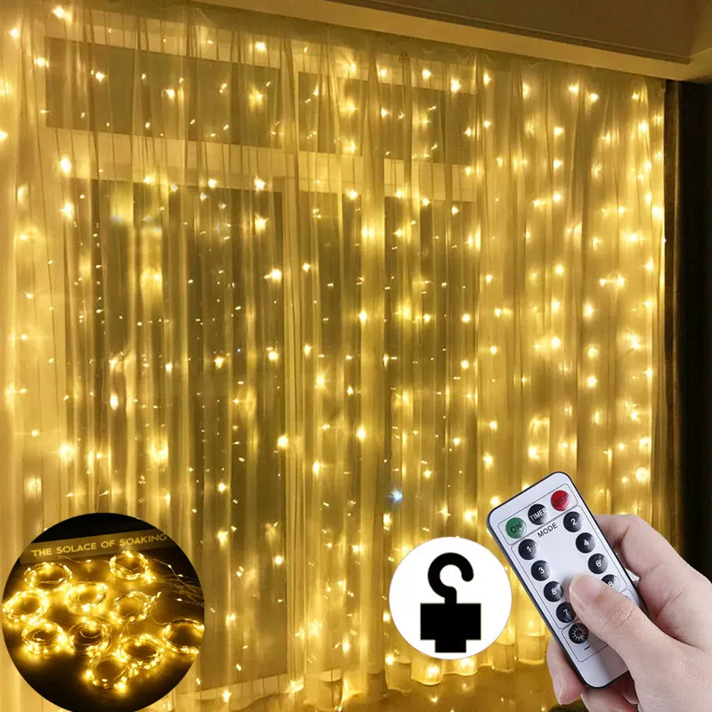 Cortina de hadas con luces LED y temporizador remoto, guirnalda de Navidad para decoración del hogar, boda, 3x3M, USB, 300