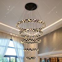 Lustres de luxe, luminaires suspendus, modernes, circulaires, LED, cristal, 5 anneaux, acier inoxydable noir, luminaire de luxe pour villa, salon