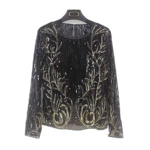Camicette di t-shirt con paillettes ricamate a maniche lunghe con perline da donna - Product Image 3