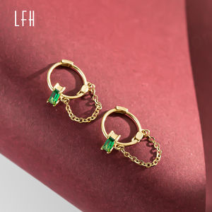 Pendientes de Cadena Cuadrados con Circonita Cúbica Verde, Pendientes Colgantes de Oro Real de 18k, Pendientes de Botón de Circonita de Oro Puro de 18k para Mujer - Product Image 3