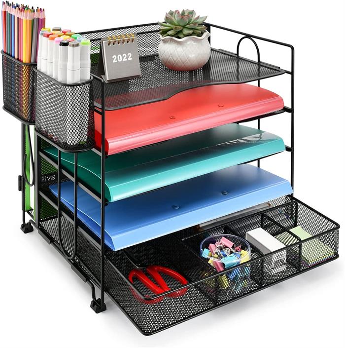 Guangzhou Manufacturer OEM ODM 4 Tier Metal Mesh Office Desk File Organizer With Drawer And Pen Holder Mesh Desk Organizer