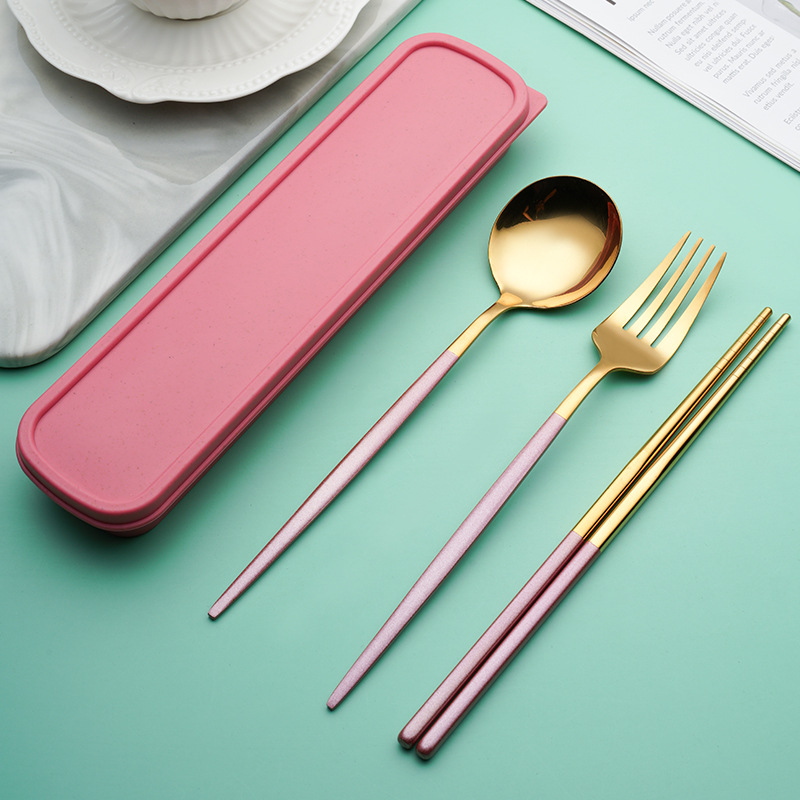 Pink Three-Piece Set [Fork Spoon and Chopsticks]]