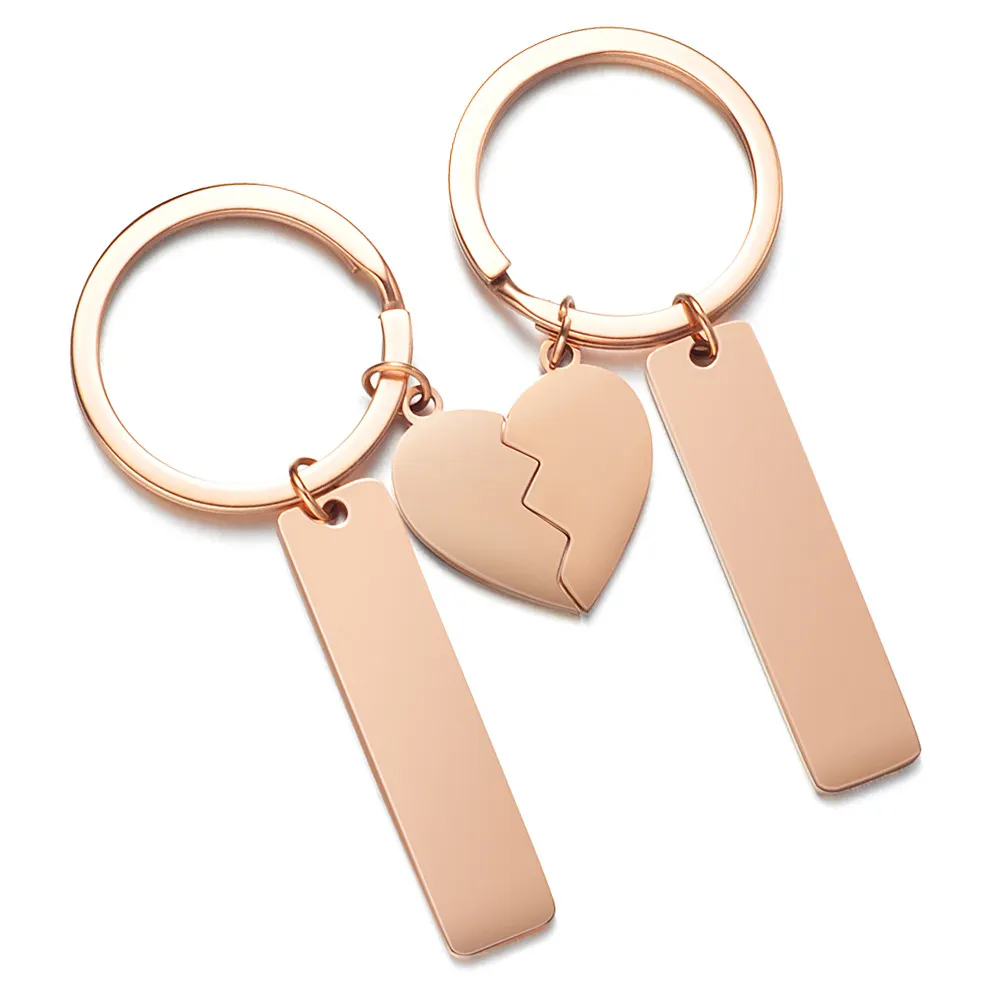 सरल डिजाइन खाली लोगो उत्कीर्ण स्टेनलेस स्टील युग्मित चाबी का गुच्छा युगल के लिए आधा दिल के आकार की आईडी टैग कुंजी श्रृंखला