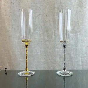 Copos de champanhe de cristal Dodecagon com haste de diamante dourado 200ml, taças elegantes para casamento