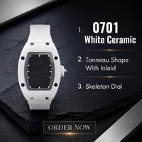Montre de Luxe pour Femme 0701 en Céramique Blanche, Forme Tonneau, Cadran Squelette Incrusté de Diamants, Mouvement Automatique Mécanique, Montre Sport et Affaires
