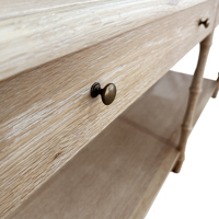 Table console longue de style vintage antique HL615-200 en bois de chêne massif avec pieds en bambou, étagères de rangement et tiroirs