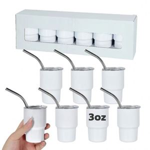 6pcs/box Sublimation White 3oz Stainless Steel Mini <b>Shot</b> Glasses Tumbler with Metal <b>Straw</b> - Product Image 1