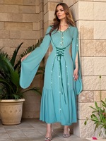 Abaya YSYL à col en V, en polyester, ornée de strass faits main, avec laçage à la taille et manches évasées fendues, idéale pour l'Aïd et les occasions sociales haut de gamme