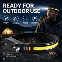 Lampe frontale rechargeable COB XPE LED avec capteur de mouvement, affichage numérique de la puissance, type C, résistante à l'eau, 350 lumens, double source de lumière