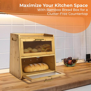 Bamboo Bread Box Double Layer Storage Cabinet With Transparent Dustproof Doors <b>Kitchen</b> Countertop Solid Wood Bread Keeper - Product Image 2